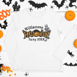 Custom Halloween Annual Party Skeleton Long Sleeve T-Shirt<br><div class="desc">Cool custom annual Halloween party long sleeve t-shirt that features a creepy skeleton hanging over spooky orange and black text and an awesome Jack O Lantern. Customize with your big bash information for all of your guests or family members.</div>