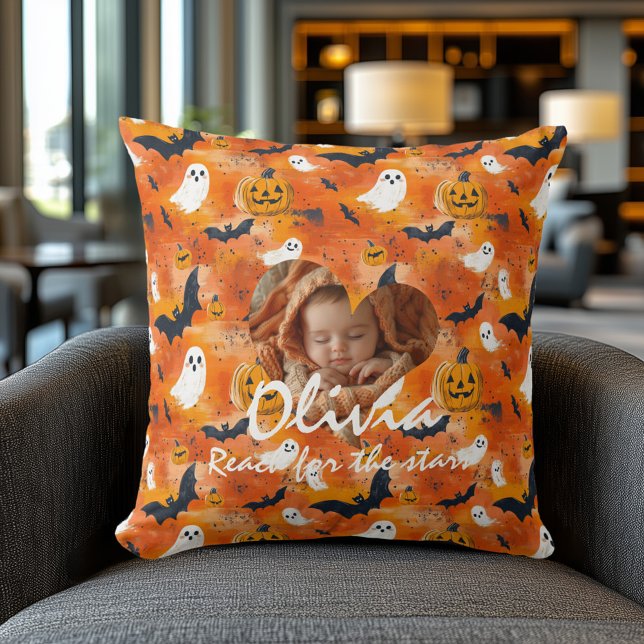 Custom Halloween Baby Photo & Motivational Quote Throw Pillow (Creator Uploaded)