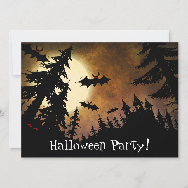 Custom Halloween Bats, Spooky Castle and Full Moon Invitation (Front)