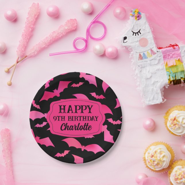 Custom Halloween Birthday Party Black Pink Paper Plate (Party)
