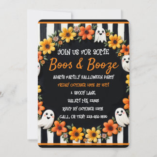 Custom Halloween 'Boos & Booze' Ghost & Floral Invitation