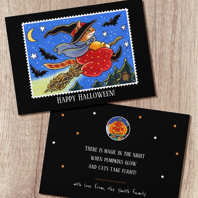 Custom Halloween Cat Witch Broomstick Flat Card (Creator Uploaded)