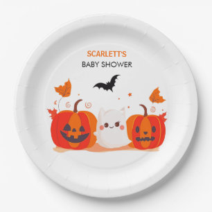 Custom Halloween Ghost & Pumpkins Baby Shower Paper Plate