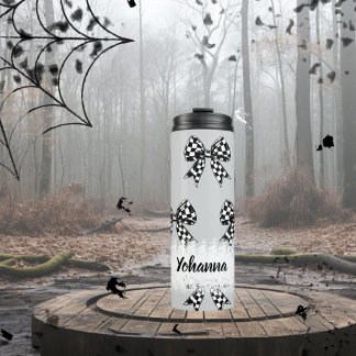Custom Halloween grey checked bows Coquette Thermal Tumbler