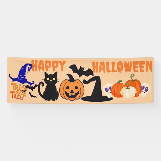 Custom Halloween Party Banners, Black Cat Pumpkin Banner (Horizontal)