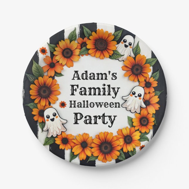 Custom Halloween Party - Personalized Ghost Floral Paper Plate (Front)
