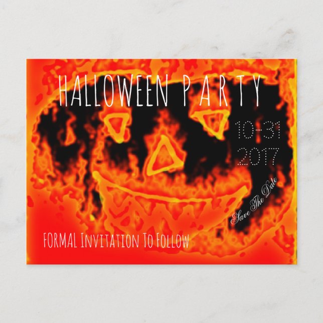Custom Halloween Party Save The Date Pumpkin Fire Announcement Postcard (Front)