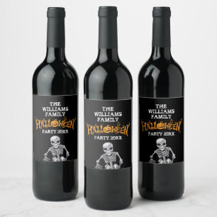 Custom Halloween Party Skeleton Black Wine Label