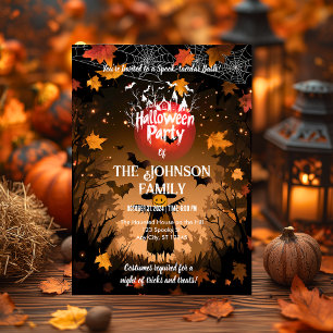Custom Halloween Party with Autumn Leaves & Bats Invitation