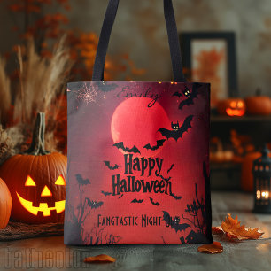 Custom Halloween Tote with Bats and Red Moon Bag