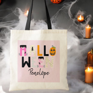 Custom Halloween Trick or Treat Pink Mummy Pumpkin Tote Bag