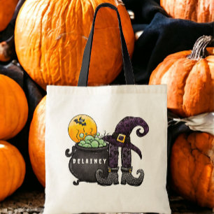 Custom Halloween Trick or Treat Witch Bat Cauldron Tote Bag