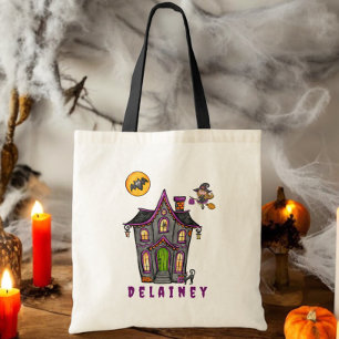 Custom Halloween Trick Treat Haunted House Witch Tote Bag