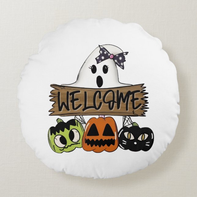 Custom Halloween Welcome Sign Round Pillow (Front)