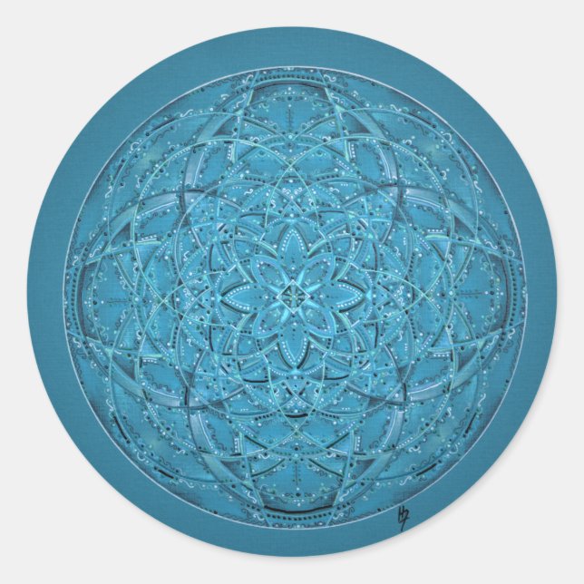 Custom hand drawn blue mandala classic round sticker (Front)