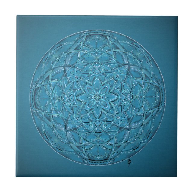 Custom hand drawn blue mandala tile (Front)
