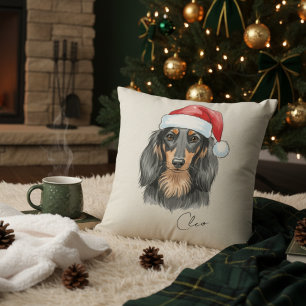 Custom Hand Drawn Christmas Dachshund Portrait Throw Pillow
