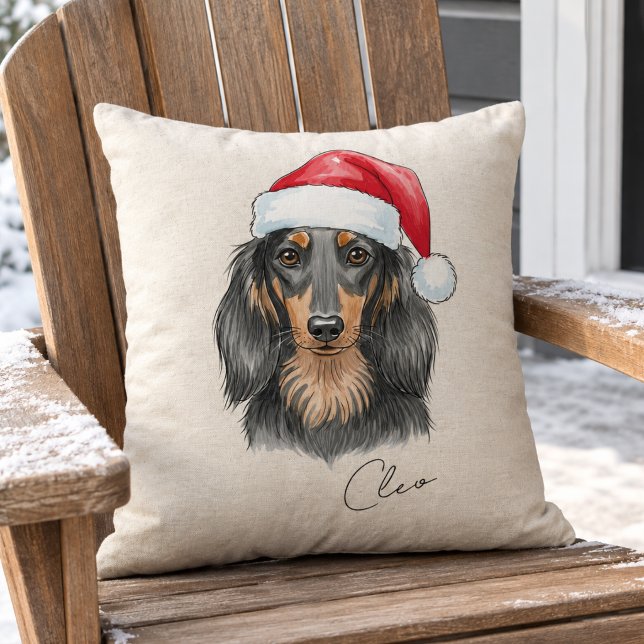 Custom Hand Drawn Christmas Dachshund Portrait Throw Pillow (Dachshund Christmas Illustration Pet Name Throw Pillow)
