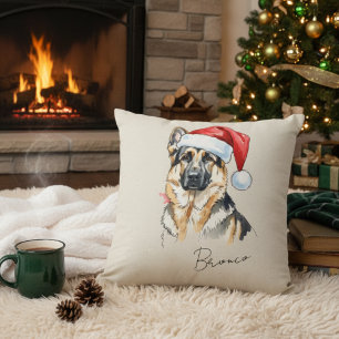 Custom Hand Drawn Christmas German Shepherd Dog Throw Pillow