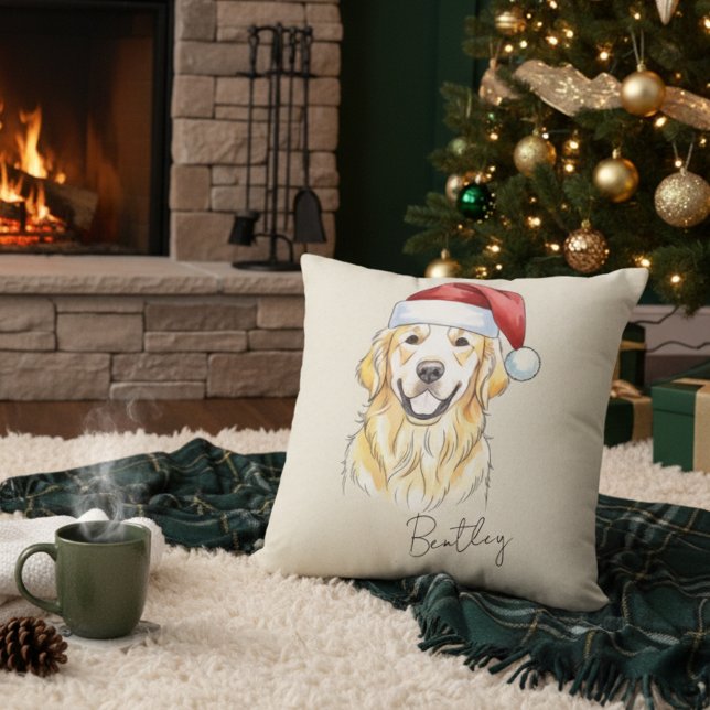 Custom Hand Drawn Christmas Golden Retriever Dog Throw Pillow (Add a special touch to your home with this custom pet portrait throw pillow! )