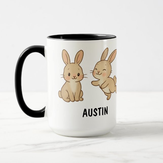 Custom Hand Drawn Cute Bunny Rabbit Coffee Mug (Left)