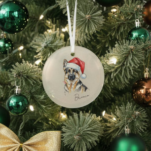 Custom Hand Drawn German Shepherd Portrait  Glass Ornament