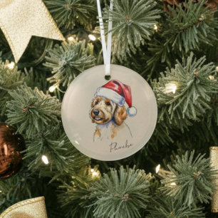 Custom Hand Drawn Golden Doodle Portrait and Name Glass Ornament