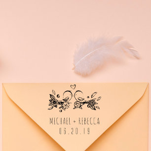 Custom Hand-drawn Love Birds Couple's Names Rubber Stamp