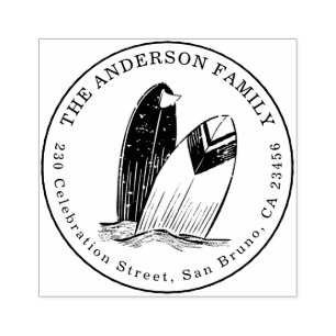 Custom Hand-drawn Surfboards Round Return Address Rubber Stamp