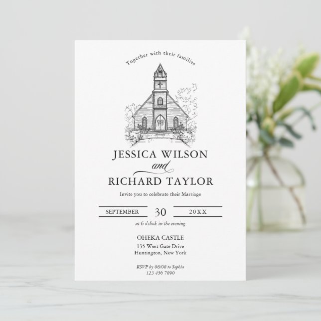 Custom Hand Drawn Venue Illustration Wedding Invitation (Standing Front)