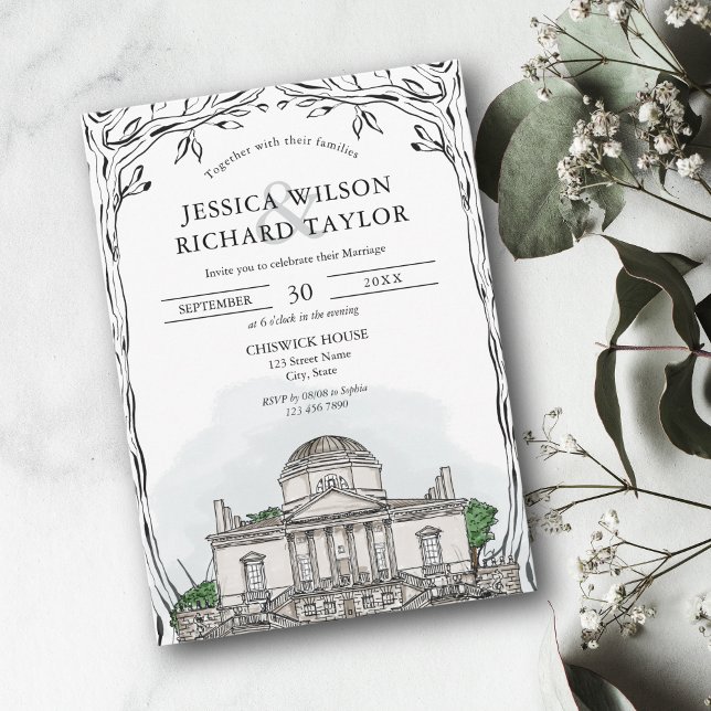 Custom Hand Drawn Venue Illustration Wedding Invitation (custom watercolor wedding venue illustration)