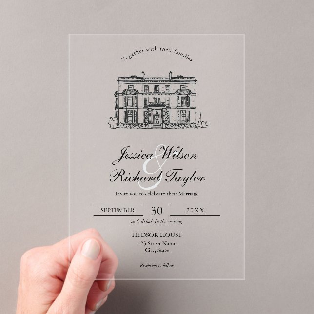 Custom Hand Drawn Venue Manor Illustration Wedding Acrylic Invitations (Insitu (Handheld))