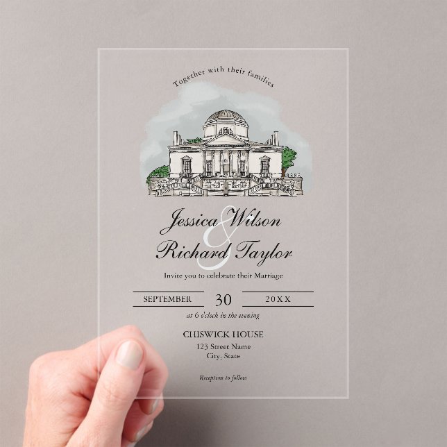 Custom Hand Drawn Venue Manor Illustration Wedding Acrylic Invitations (Insitu (Handheld))