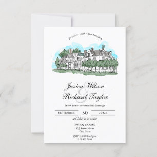 Custom Hand Drawn Venue Manor Illustration Wedding Invitation