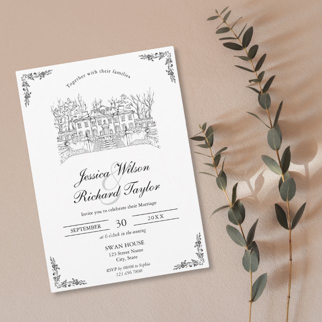 Custom Hand Drawn Venue Manor Illustration Wedding Invitation (classic hand drawn wedding venue invitation, swan house usa)
