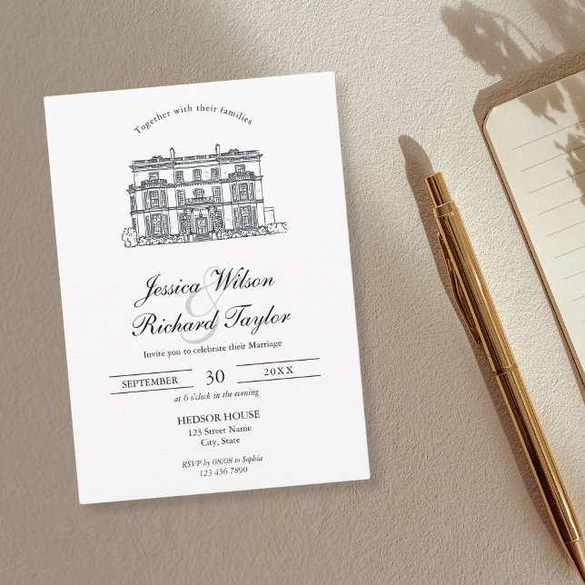 Custom Hand Drawn Venue Manor Illustration Wedding Invitation (custom wedding venue illustration)