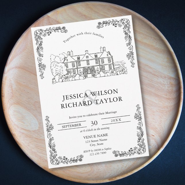 Custom Hand Drawn Venue Manor Illustration Wedding Invitation (Creator Uploaded)