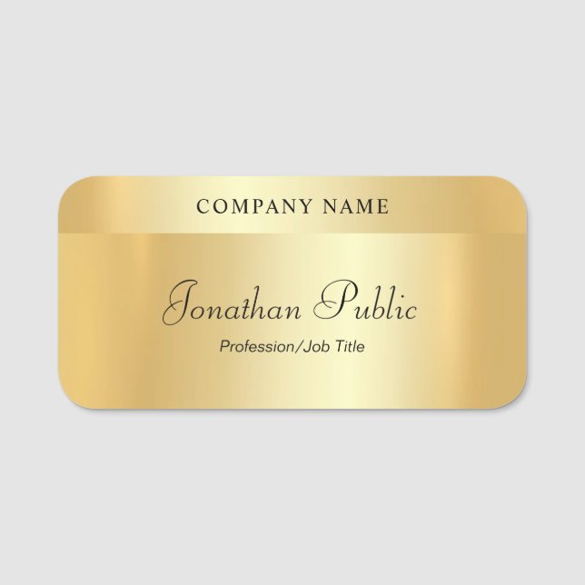 Custom Handwriting Script Elegant Glamour Gold Name Tag (Front)