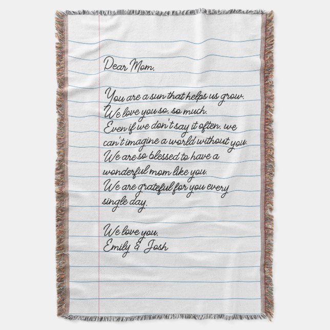 Custom Handwritten Letter to Mom Throw Blanket (Front Vertical)