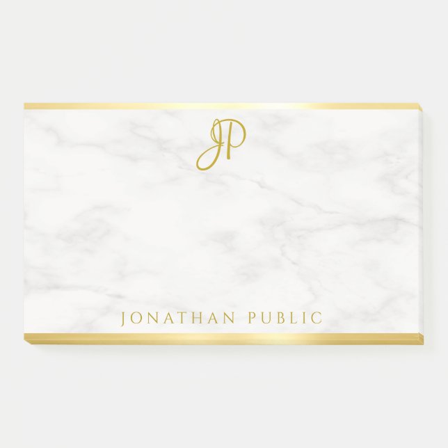 Custom Handwritten Monogram White Marble Gold Post-it Notes (Front)