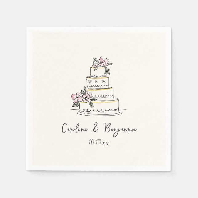 Custom Handwritten Pink Yellow Doodle Wedding Cake Napkin (Front)