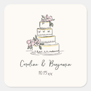 Custom Handwritten Pink Yellow Doodle Wedding Cake Square Sticker