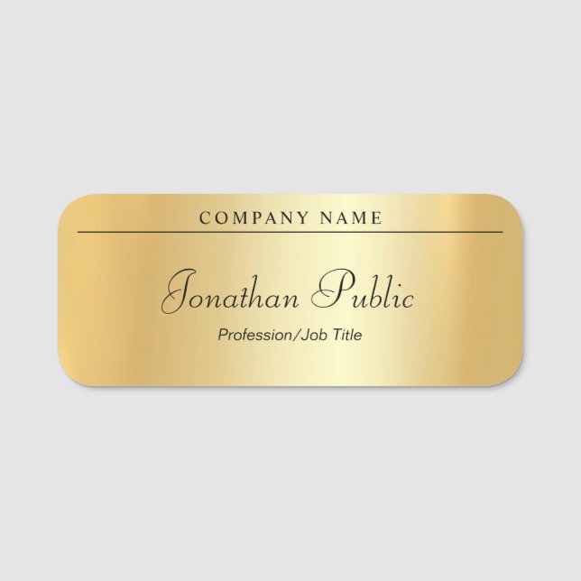 Custom Handwritten Script Elegant Glamour Gold Name Tag (Front)