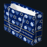 Custom Hanukkah Blue Menorah Dreidel Pattern Large Gift Bag<br><div class="desc">Beautiful personalized Hanukkah party gift bag in pretty blue with a cool pattern of Judaism star,  dreidel for fun Chanukah games,  and the Jewish menorah for the holiday. Custom gift bags for Hanukah.</div>