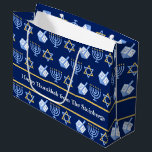 Custom Hanukkah Blue Menorah Dreidel Pattern Large Gift Bag<br><div class="desc">Beautiful personalized Hanukkah party gift bag in pretty blue with a cool pattern of Judaism star,  dreidel for fun Chanukah games,  and the Jewish menorah for the holiday. Custom gift bags for Hanukah.</div>