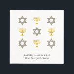 Custom Hanukkah Paper Napkin<br><div class="desc">Elegant HAPPY HANUKKAH can cooler, showing faux gold and silver STAR OF DAVID and MENORAH in a tiled pattern. Text reads HAPPY HANUKKAH with a placeholder name, and is CUSTOMIZABLE, so you can PERSONALIZE it by adding your name or other text. Ideal for Hanukkah celebrations, and with customization can be...</div>
