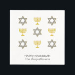 Custom Hanukkah Paper Napkin<br><div class="desc">Elegant HAPPY HANUKKAH can cooler, showing faux gold and silver STAR OF DAVID and MENORAH in a tiled pattern. Text reads HAPPY HANUKKAH with a placeholder name, and is CUSTOMIZABLE, so you can PERSONALIZE it by adding your name or other text. Ideal for Hanukkah celebrations, and with customization can be...</div>