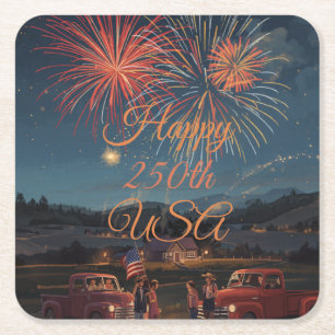 Custom Happy 250th USA Patriotic Fireworks Square Paper Coaster