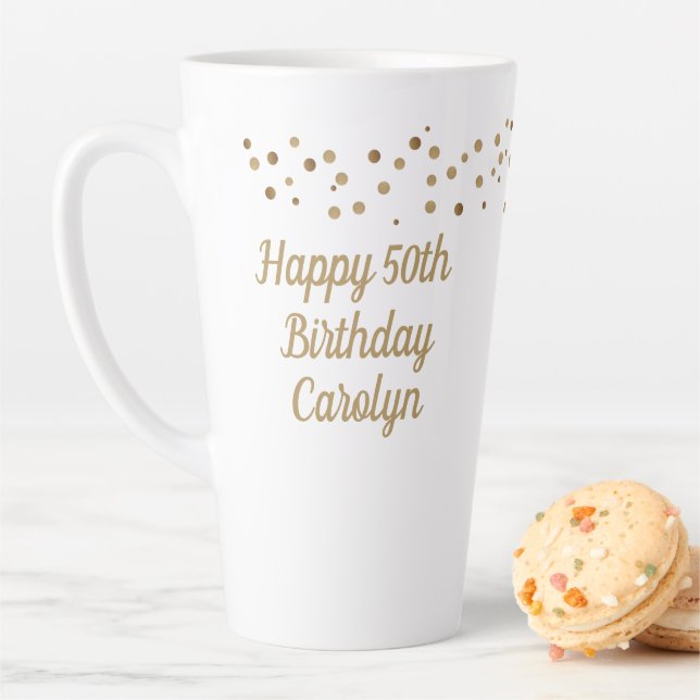 Custom Happy 50th birthday confetti gold  Latte Mug (In Situ)
