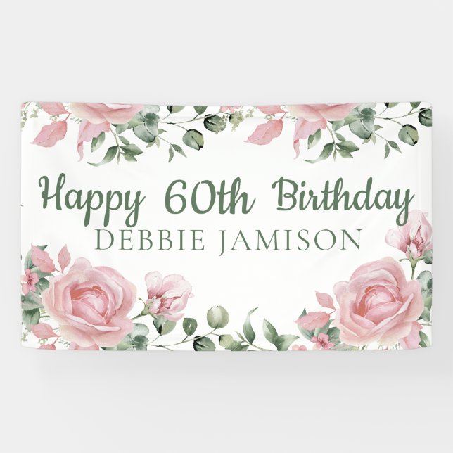 Custom Happy 60th Birthday Rose Floral Banner (Horizontal)